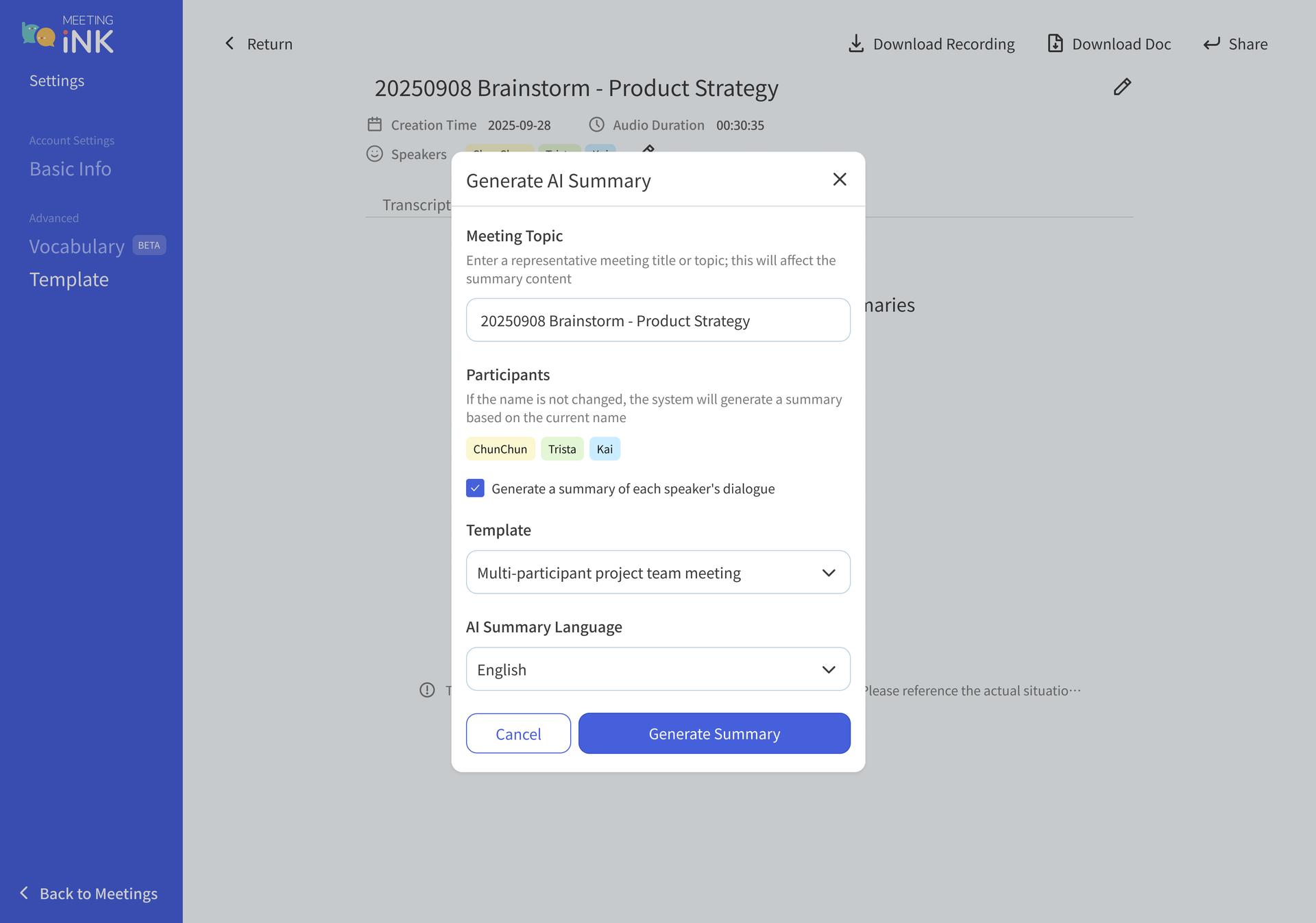 Set up your meeting summary